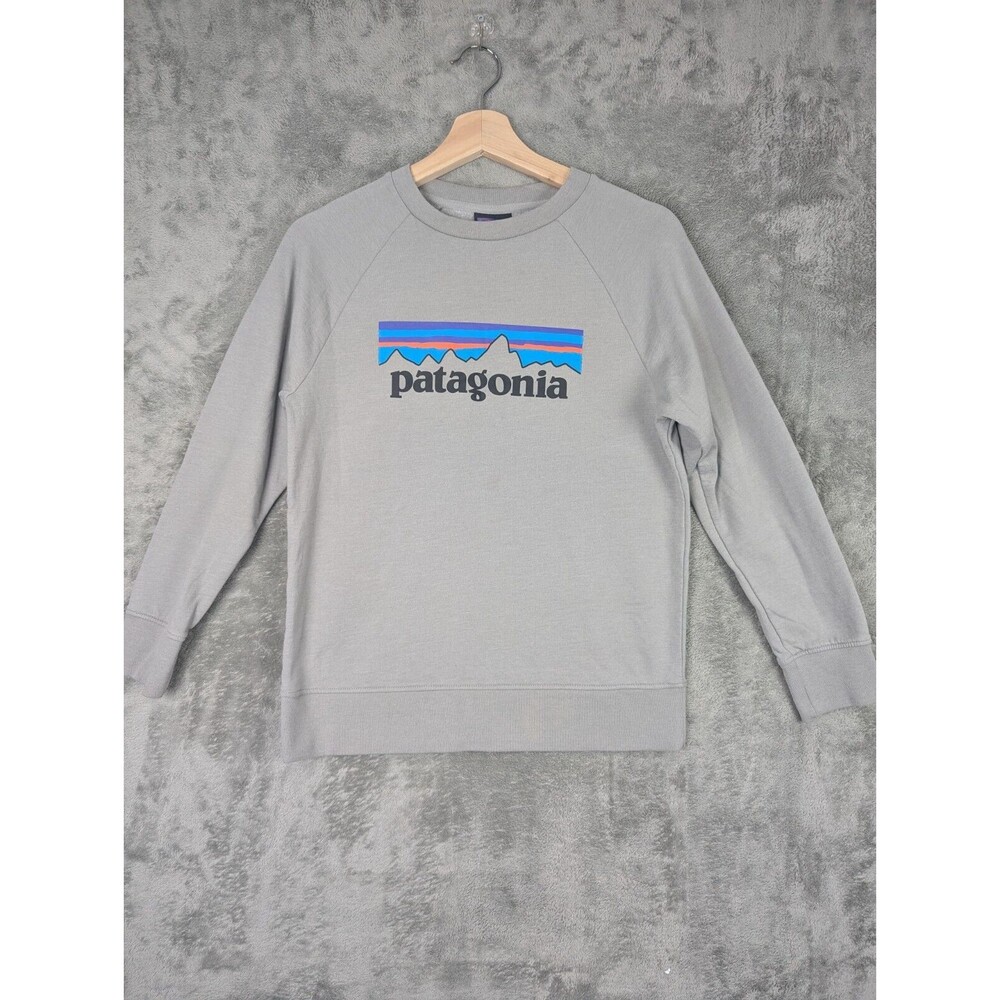Patagonia Sweatshirt Youth Large Grey Pullover Crew Neck Logo Graphic Front